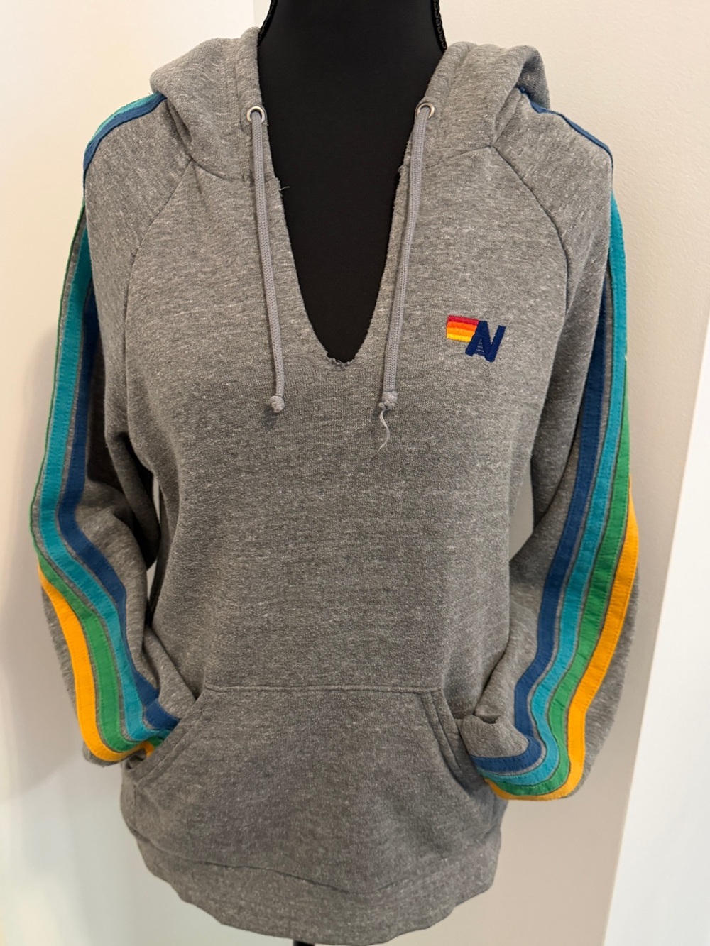 Aviator Nation - Heather Gray Hoodie - Rainbow Stripe Sleeves - Women’s Small